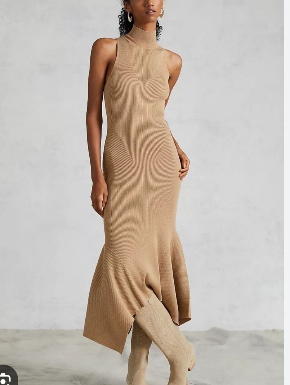 ANTHROPOLOGIE Sleeveless Mock High-Neck Ribbed Midi Handkerchief Hem